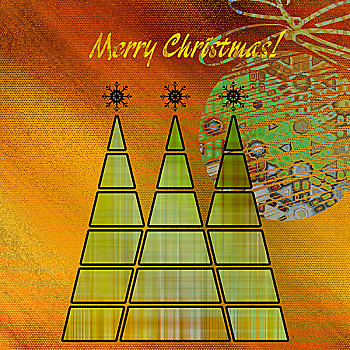 艺术,三个,圣诞树,球,绿色,金色,彩色,鲜明,橙色背景