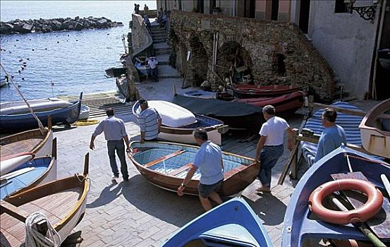 捕鱼者,渔船,海岸,海洋,里奥马焦雷,五渔村,利古里亚,意大利,欧洲