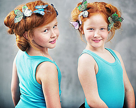 两个,红发,双胞胎,蝴蝶,发型