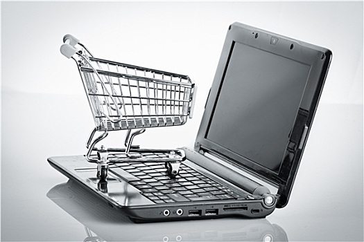 网上购物,购物车,笔记本电脑,白色,上方