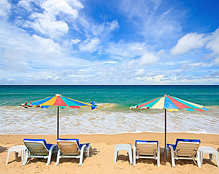 彩色,伞,椅子,海滩