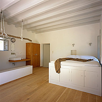 现代,卧室,盒子,床,盥洗池