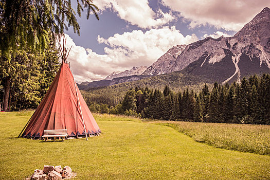红色,圆锥形帐篷,山谷,风景,埃尔瓦尔德,奥地利