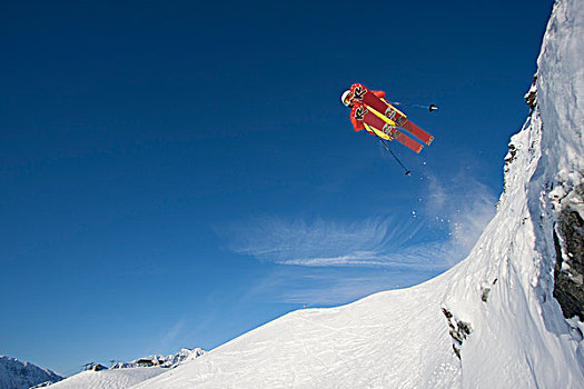 下坡,滑雪者,极限,跳跃,石台,滑雪,胜地,阿拉斯加,冬天
