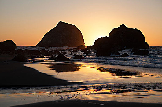 日落,后面,石头,沙丘,州立公园,北加州,海岸,加利福尼亚,美国