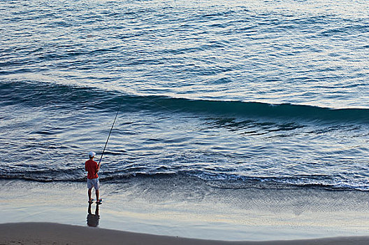 孤单,钓鱼,男人,海滩