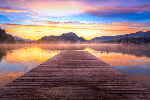 惊奇,日出,布莱德湖,冬天,斯洛文尼亚,欧洲