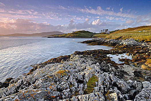 风景,海滩,晚霞,岩石,海岸线,湾,半岛,岛,苏格兰
