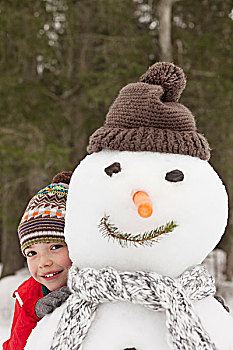 头像,微笑,男孩,后面,雪人,毛线帽