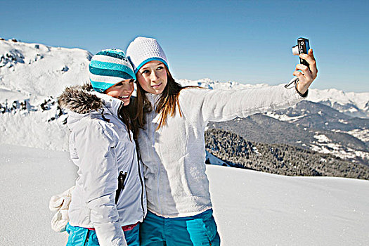 两个,女青年,滑雪,衣服,自拍