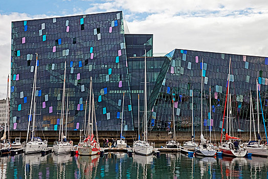 音乐厅,码头,玻璃幕墙,彩色,效果,雷克雅未克,冰岛,欧洲