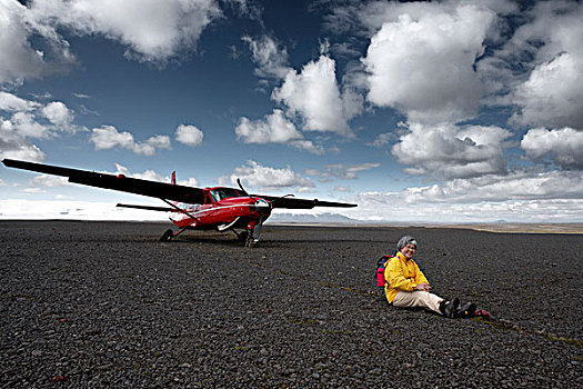 坐,女人,正面,飞机,冰岛,高地