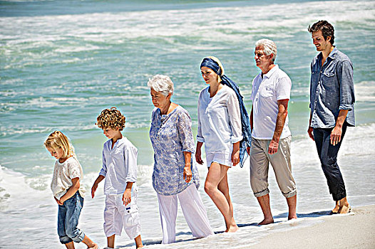 后代,家庭,走,排列,海滩