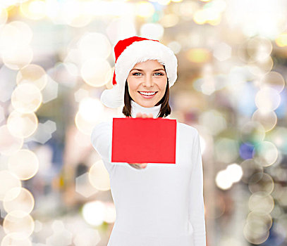 圣诞节,人,广告,销售,概念,高兴,女人,圣诞老人,帽子,留白,红牌,上方,背景