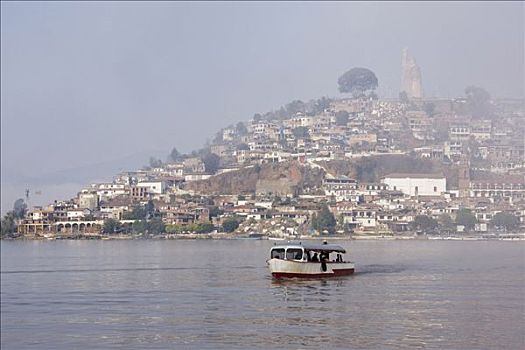 船,湖,巴兹瓜罗,背景,米却阿肯州,墨西哥