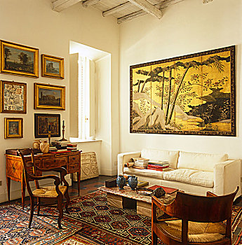 老式,书写台,遮盖,书本,18世纪,日本纸,墙壁,折衷,客厅