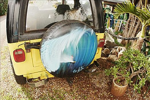 夏威夷,瓦胡岛,北岸,绘画,冲浪,巨大,备胎,遮盖,吉普车