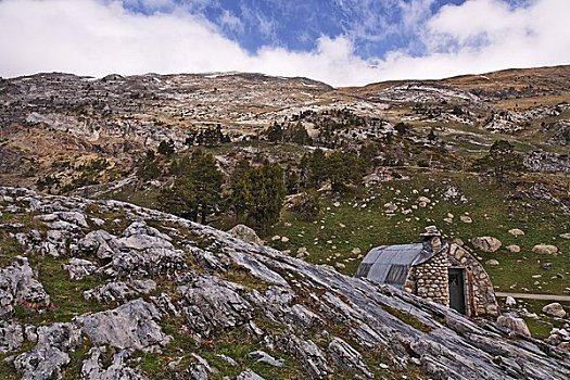 石头,小屋,比利牛斯山脉,西班牙