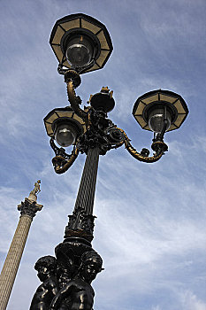 英格兰,伦敦,特拉法尔加广场,维多利亚时代风格,路灯,纳尔逊纪念柱