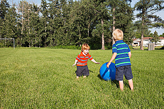 两个男孩,玩,大,球,草地,石头,朴素,艾伯塔省,加拿大