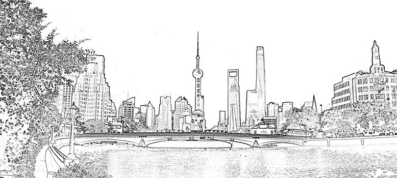 上海建筑黑白线条