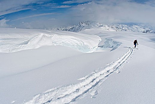 滑雪者,去皮,上方,缝隙,攀升,阿拉斯加山脉,冬天,阿拉斯加