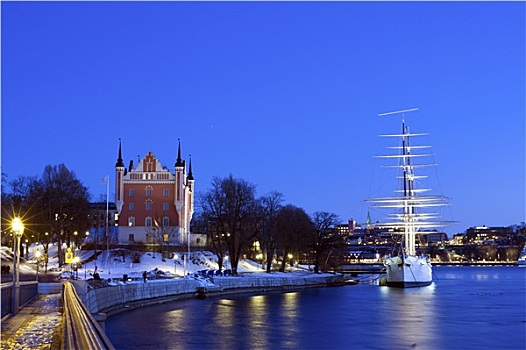 美好,冬天,夜晚,房子,船,斯德哥尔摩,瑞典