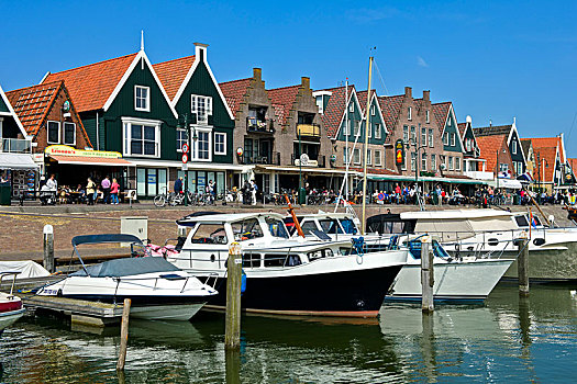 摩托艇,码头,房子,港口,沃伦丹,北荷兰省,荷兰,欧洲