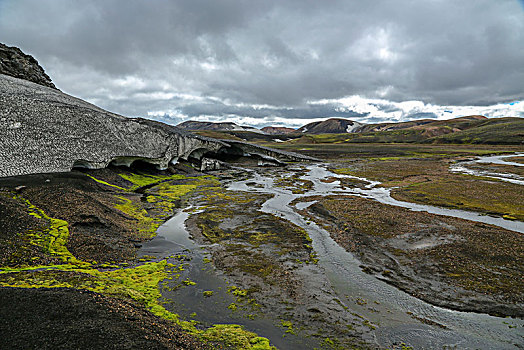 冰岛,雪地,老,雪,遮盖,火山灰,绿色,苔藓,夏天,融化,水,乌云