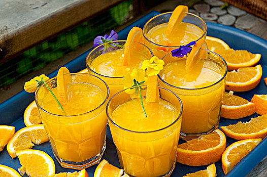 玻璃杯,橙汁,托盘,装饰,橙子,花,湖,木,安大略省,加拿大