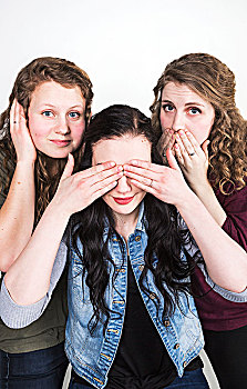 三个女人,年轻,滑稽,姿势,听者无罪,非礼勿视,说者无罪,艾伯塔省,加拿大