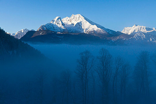 瓦茨曼山,山,高处,海洋,雾,贝希特斯加登地区,巴伐利亚,德国,欧洲