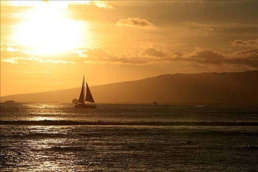 怀基基海滩,帆船,正面,山峦,日落,岛屿,夏威夷,美国,北美
