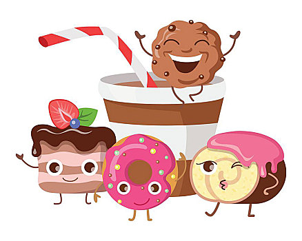 有趣,卡通,旗帜,杯形蛋糕,油炸圈饼,巧克力饼干,饼干,杯子,可乐,苏打,微笑,糖果,甜食,风格,设计,插画