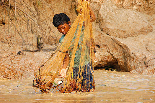 柬埔寨,收获,捕鱼者,漂浮,乡村