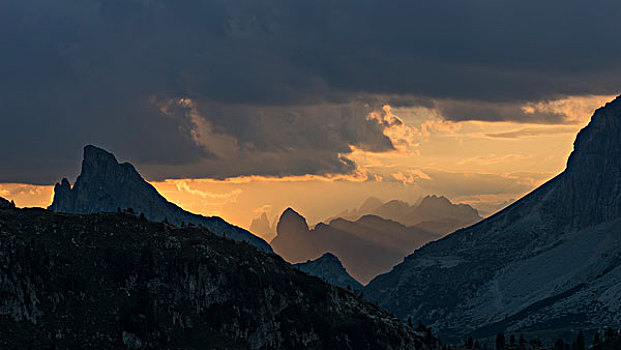 日落,顶峰,小,右边,白云岩,阿尔卑斯山,威尼托,意大利,欧洲