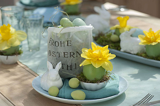 复活节餐桌,装饰,水仙,复活节兔子