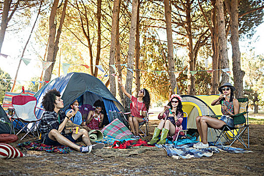 年轻,朋友,享受,一起,营地,帐篷,地点