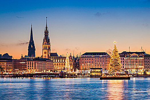 天际线,汉堡市,德国,圣诞市场,装饰