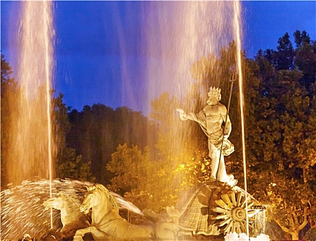 马车,马,雕塑,喷泉,夜晚,马德里,西班牙