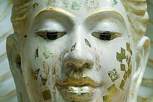 特写,脸,佛像,遮盖,小,片,装饰,金箔,泰国,十月,2007年