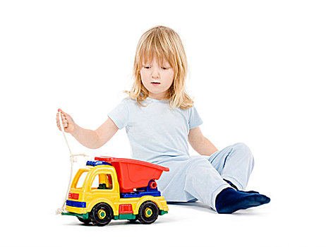 男孩,长,金发,毛发,玩,玩具,卡车,隔绝,白色