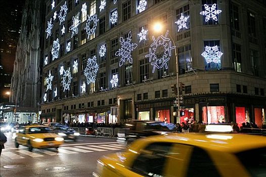 第五大街,夜晚,黄色,出租车,交通,正面,百货公司,装饰,雪片,设计,曼哈顿,纽约,北美