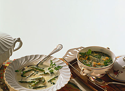 绿色,芦笋羹,豆瓣菜,汤,煎面包片