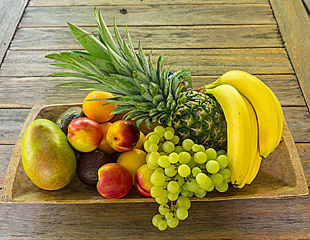 木碗,满,水果,香蕉,菠萝,葡萄,芒果,油桃