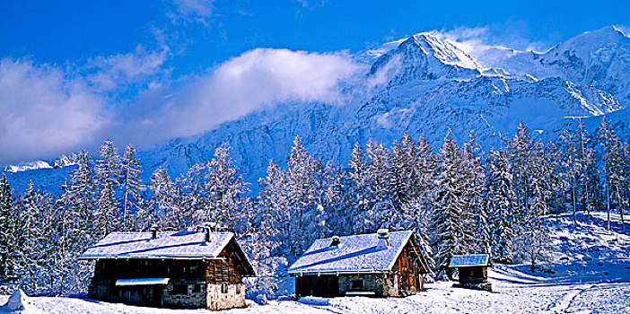 法国,上萨瓦,勃朗峰,山,木制屋舍,雪
