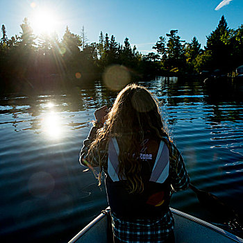 女孩,船,湖,早晨,阳光,木头,安大略省,加拿大