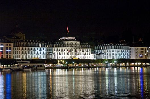 夜景,酒店,卢塞恩市,湖,瑞士