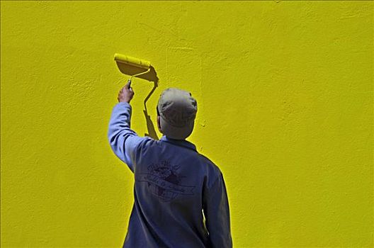 油漆工,上油漆,黄色,墙,传统,回教城市,地区,开普敦,南非,非洲