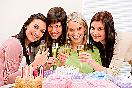 生日派对,高兴,女人,干杯,香槟,礼物,蛋糕